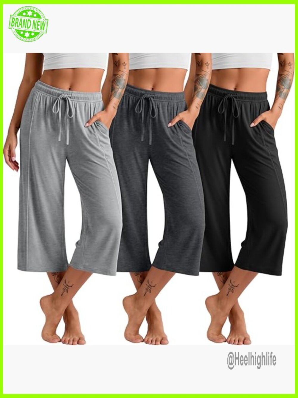 3 Pack Wide Leg Capri Pants for Women Yoga Lounge Cropped with Pockets